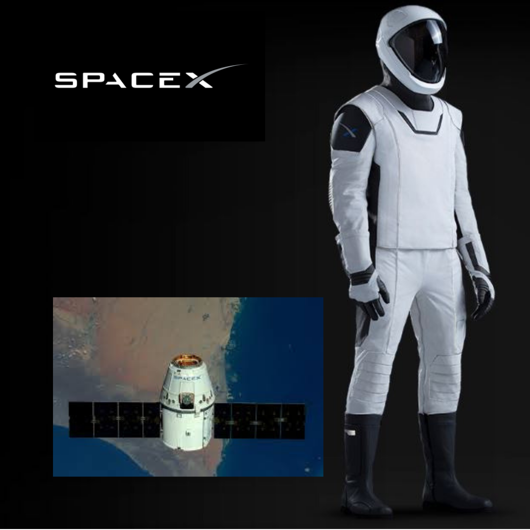 Collage of 3 images: the futuristic, sleek SpaceX spacesuit (black and white apart from the logo on the shoulder); SpaceX logo with black background; and an orbiting DragonX capsule, solar panels fully extended, flying above a blue sea and desert land